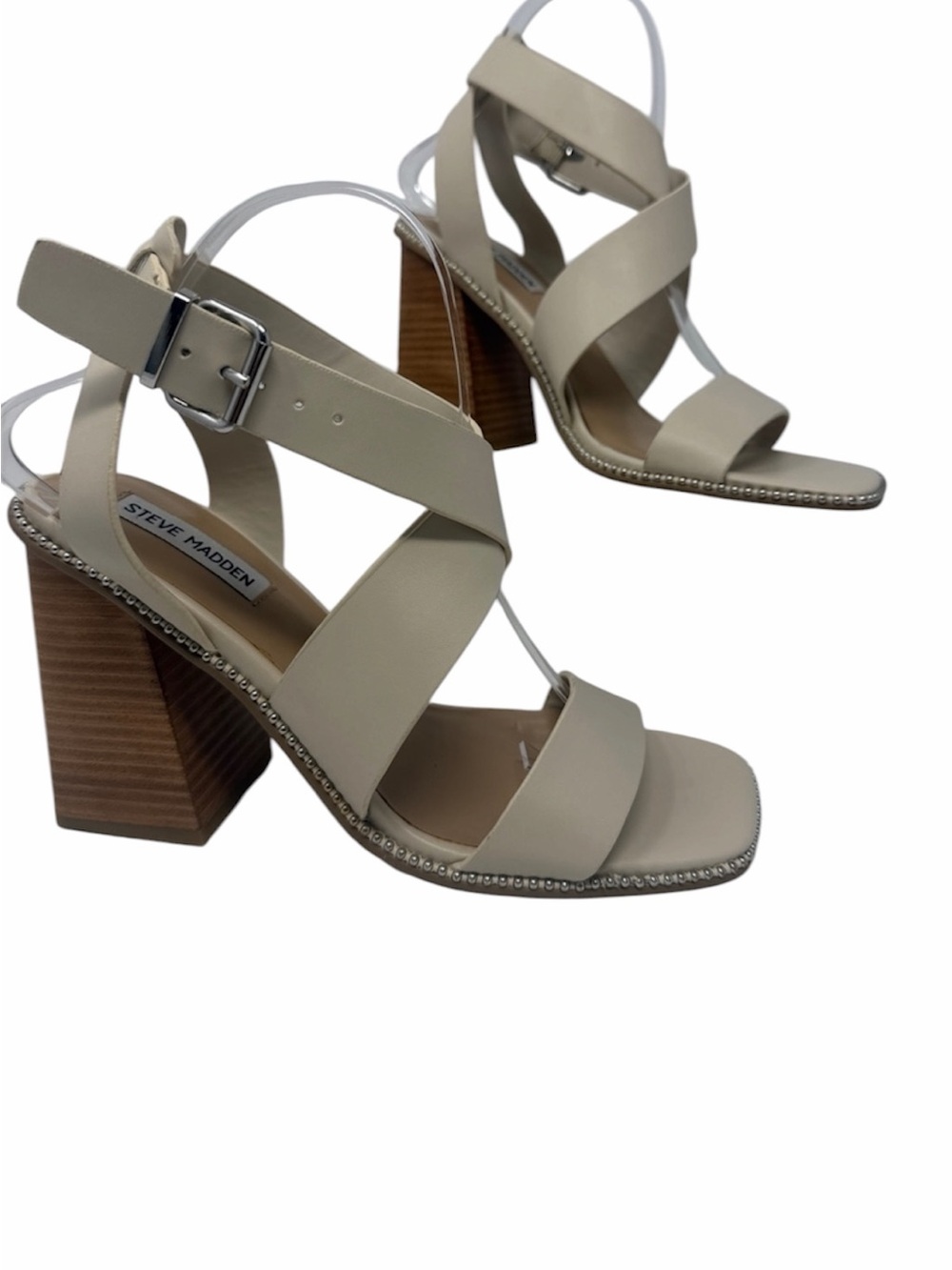 Steve Madden Cream Strappy Block Heel Sandals with studded Trim Size 9
